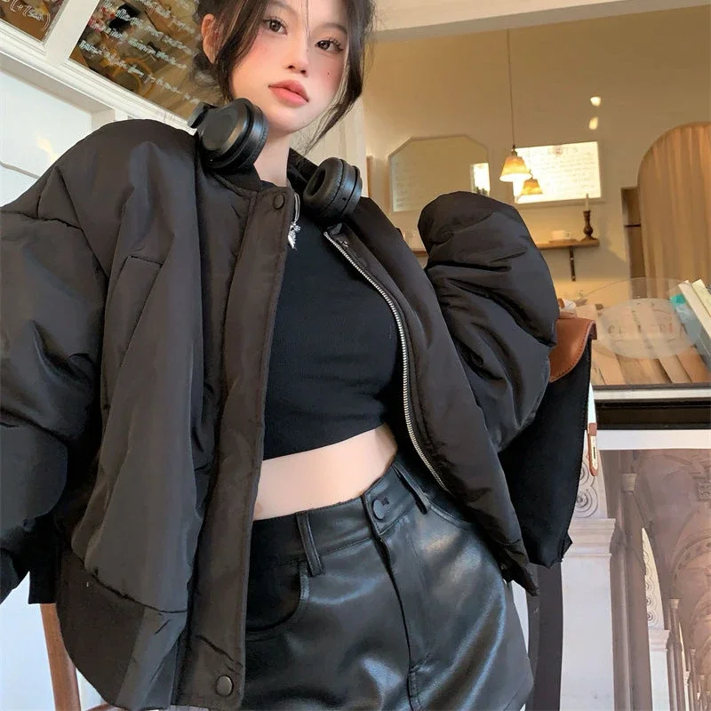 

Deeptown Winter Cropped Padding Bomber Jacket Women Vintage Streetwear Warm Short Padded Jackets Oversize Korea Dongdaemun 2023