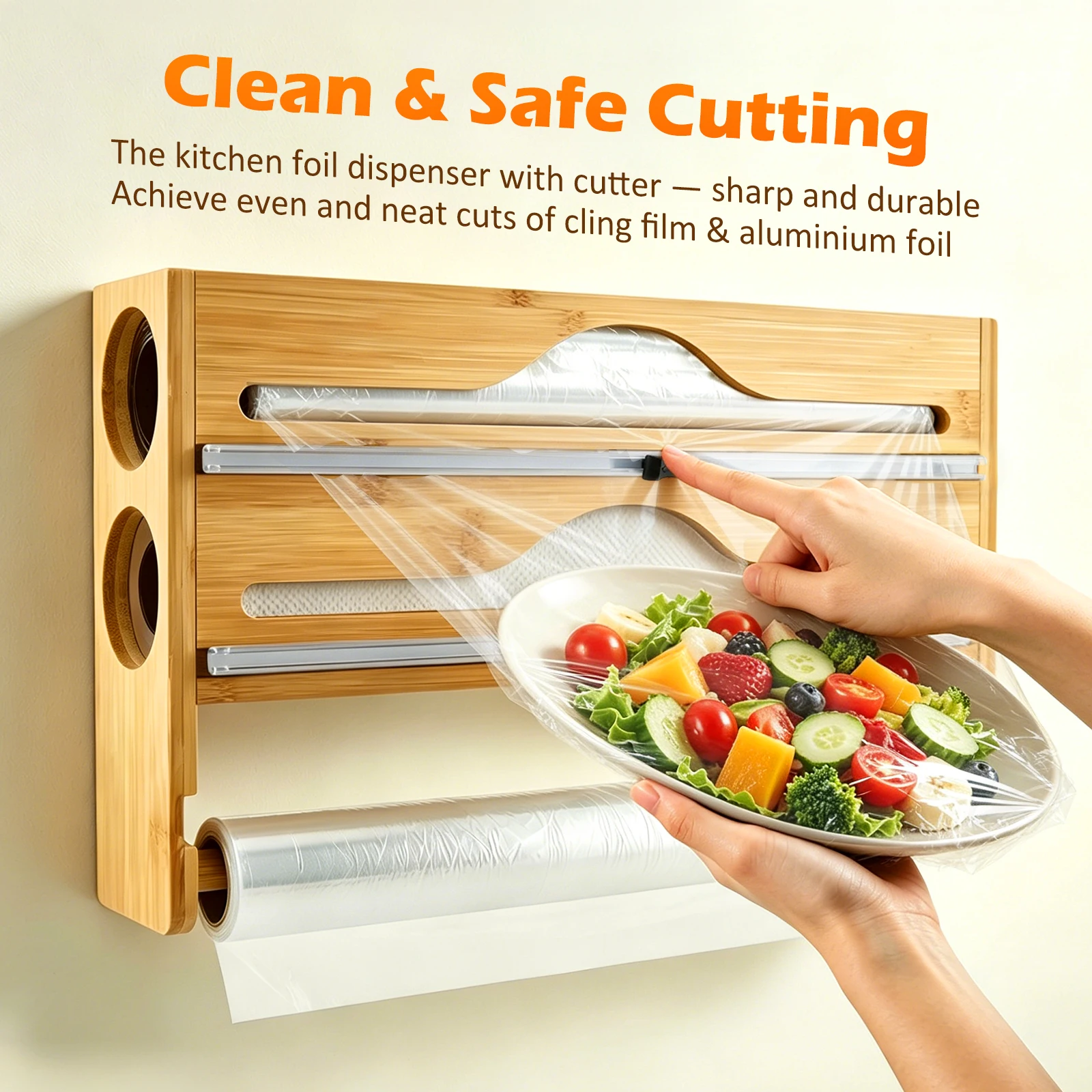 1 Stück Bambus-Aufbewahrungsbox mit 2 Fächern, Frischhaltefolien-Schneider, minimalistisches, wandmontiertes Küchenzubehör aus Holz, mehrere Fächer, mehrschichtig, versteckte Kratzschutzvorrichtung,