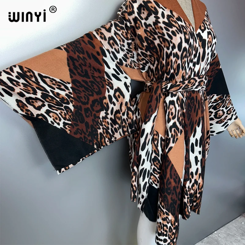 WINYI leopard print Autumn cardigan Africa women clothes maxi jacket coat abaya poncho for women cape loose dress with belt