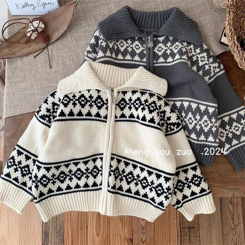 

Teenagers' thick knitted western-style 2024 zipper children's cardigan, boys' winter sweater, new boys' and babies' children's