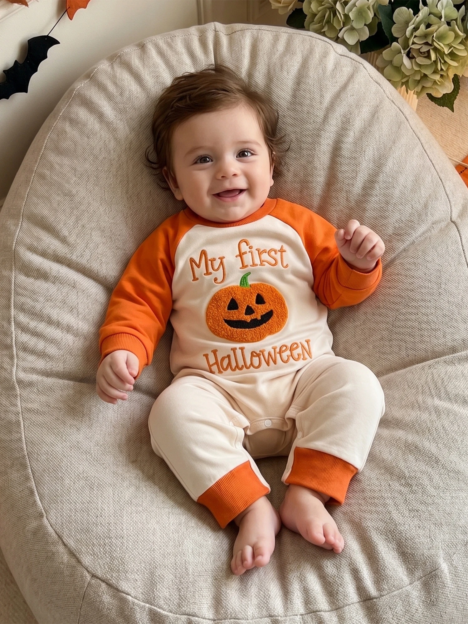 Baby-Halloween-Strampler mit Kürbis-Buchstaben-Stickerei, langer Raglan-Ärmel-Overall, niedliche Herbst-Feiertagskleidung für Kleinkinder, Jungen und Mädchen – Detail 4