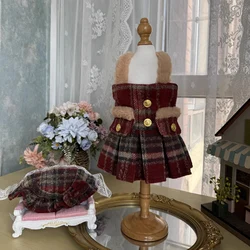 Retro Wine Red Woolen Grid Skirts Puppy Dog Cat Clothing Winter Plush Warm Sling Dresses For Small Medium Dog Poodle Pet Clothes
