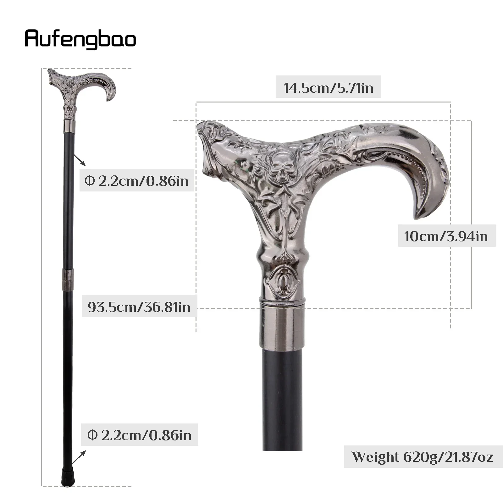 Silver Skull Flower Head Walking Cane Fashion Decorative Walking Stick Gentleman Elegant Cosplay Cane Knob Crosier 93cm