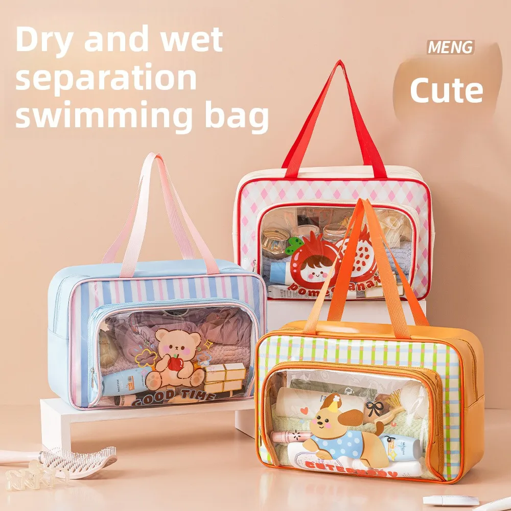 Cute Style PVC Swimming Bag Wet Dry Separation Double Layer Transparent Storage Pouch Sports Fitness Handbag for Outdoor Use