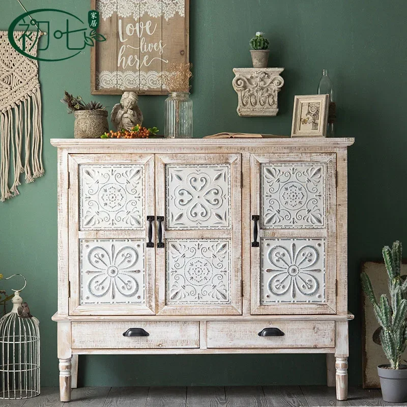 Solid Wood Living Room Cabinet Sideboards American Retro Foyer Cabinet Old Carved Antique Storage Cabinets Living Room Furniture