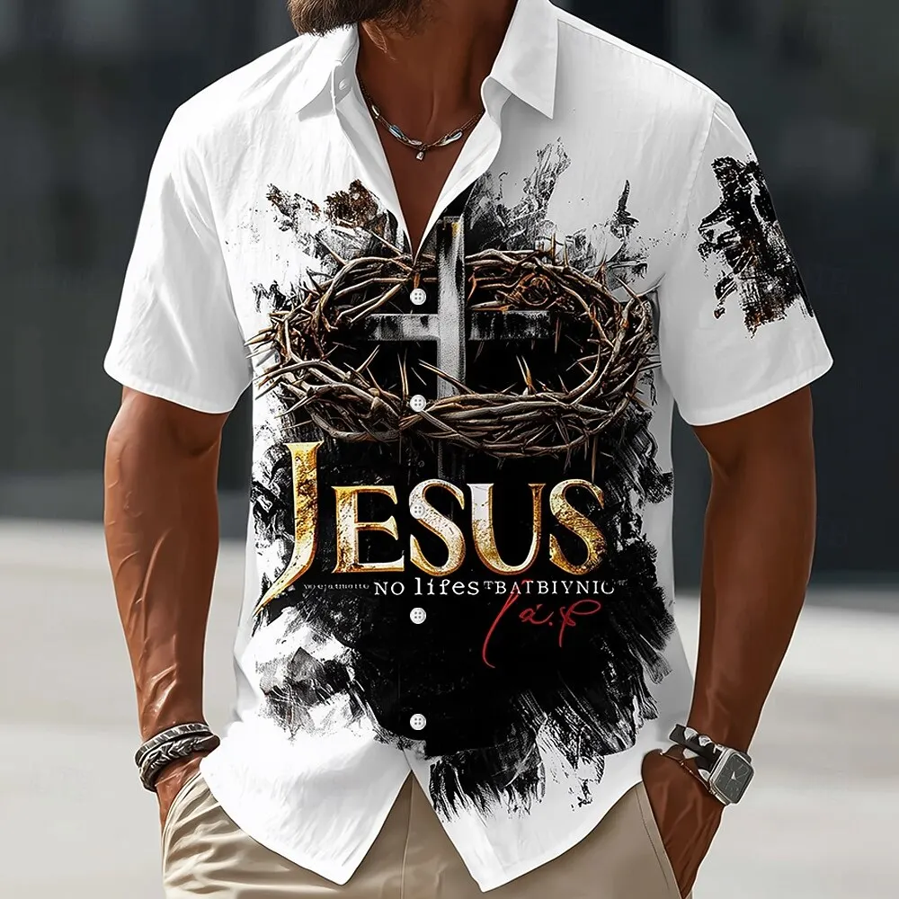 Men's 3D Print Cross Jesus Religion Shirt, Short Sleeve Turndown Collared Casual Button Up, Vintage Perfect for Summer Outings