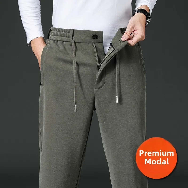 

Мужские повседневные брюки с высокой талией, на флисовой подкладке, из модала, свободного кроя, осенне-зимние, теплые, прямые, для делового стиля