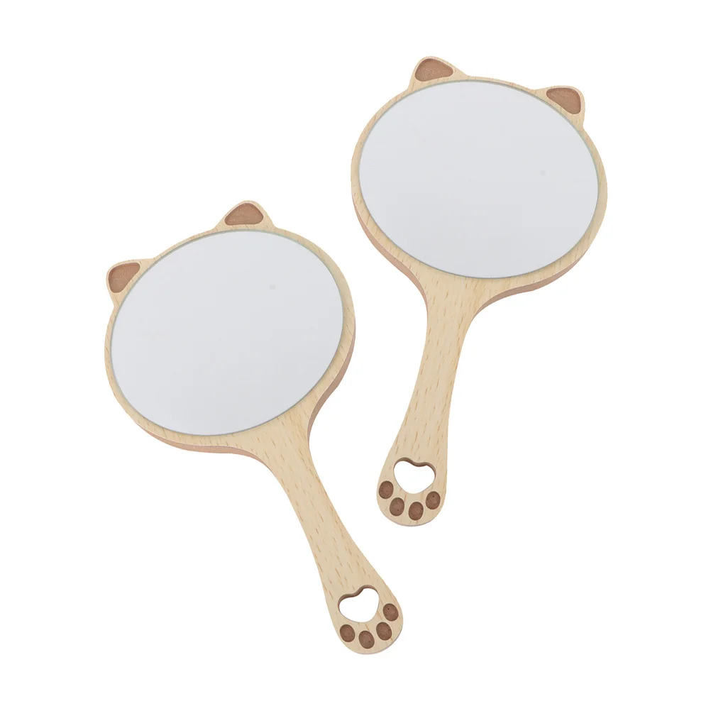 Espejos de viaje de mano con diseño de orejas de gato, mango de madera, alta calidad, creativo, resistente al desgaste, duradero, 2 uds.