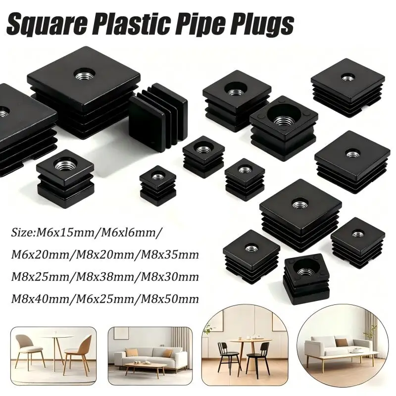 M6/M8 Plastic Square Pipe Plugs with M6 M8 Nut Hole, Blanking End Caps for Tube Furniture Leg Feet  Cover Inserts