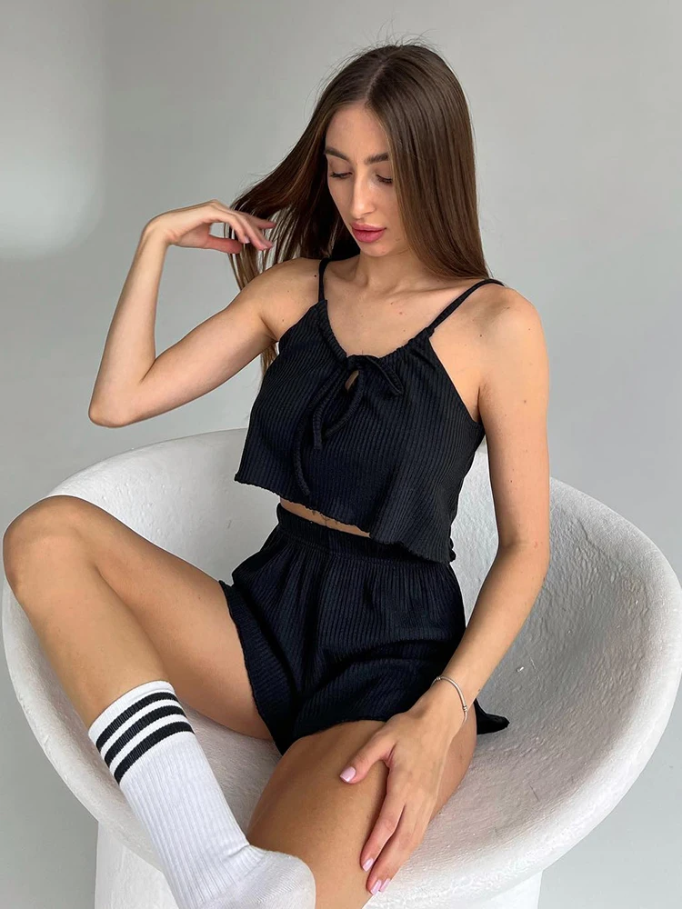 Hiloc Knitwear Shorts Pajamas Suits Women Lace-Up Camis And Wide Legs Shorts Summer 2024 Ladies Homewear Sexy Two Pieces Outfits