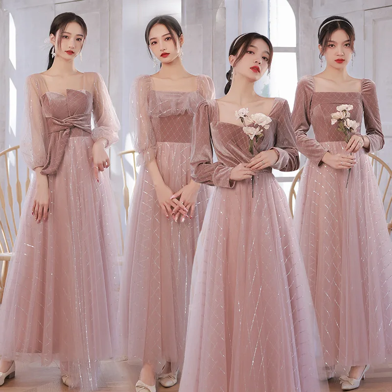 

Pink Thickened Corduroy Lace Splicing Style Bridesmaid Dress New Autumn Winter Sisters Group Dress Long Sleeve Performance Dress