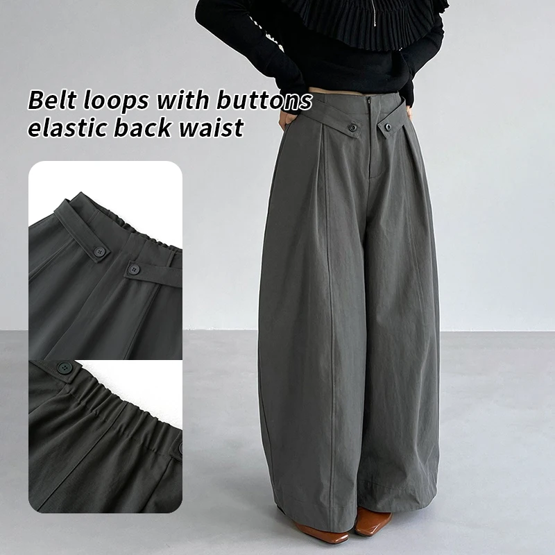Korean Style High-Waist Women's Wide-Leg Pants Lyocell Cotton Blend Elastic Waist Balloon straight-leg pants with belt loops