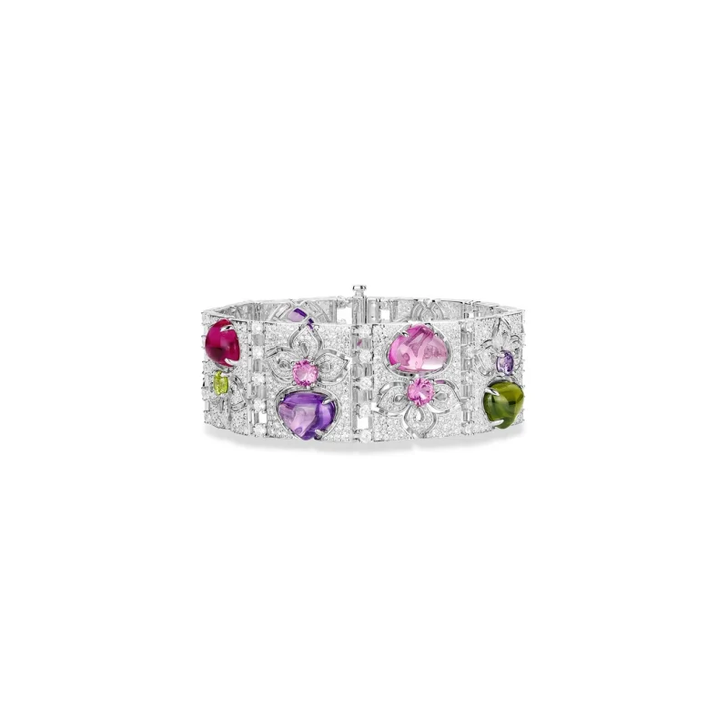 Bellux 925 Silver Synthetic Zircon Bracelet Colored Gemstone Peach Heart Red Purple Vintage Fashion Wide Version Candy Bracelet