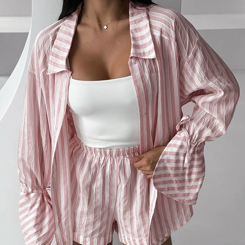

Linad 2 Pieces Set For Woman Outfit Summer Stripe High-Waisted Minimalist Style Clothes Casual Loose Pockets Flare Sleeve Blouse