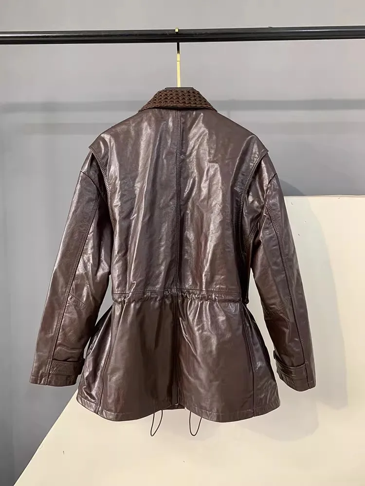 Vintage Women Oil Wax Cowhide Genuine Leather Mid Long Jacket Adjustable Waist Motorcycle Biker Coat Multi Pockets Windbreaker