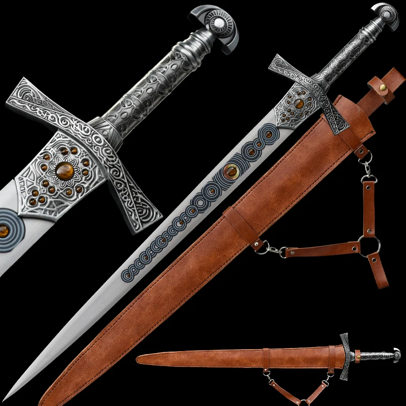 Western Big Sword Replica Cosplay Prop Swords Stainless Steel Blade Home Decor PU Sheath Movie Prop Quality Non-Sharp