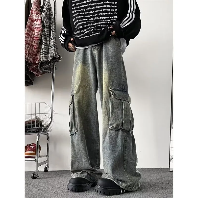 

Мужские джинсы-карго больших размеров, свободные, прямые, винтажные, в американском стиле, функциональные, с эффектом драпировки