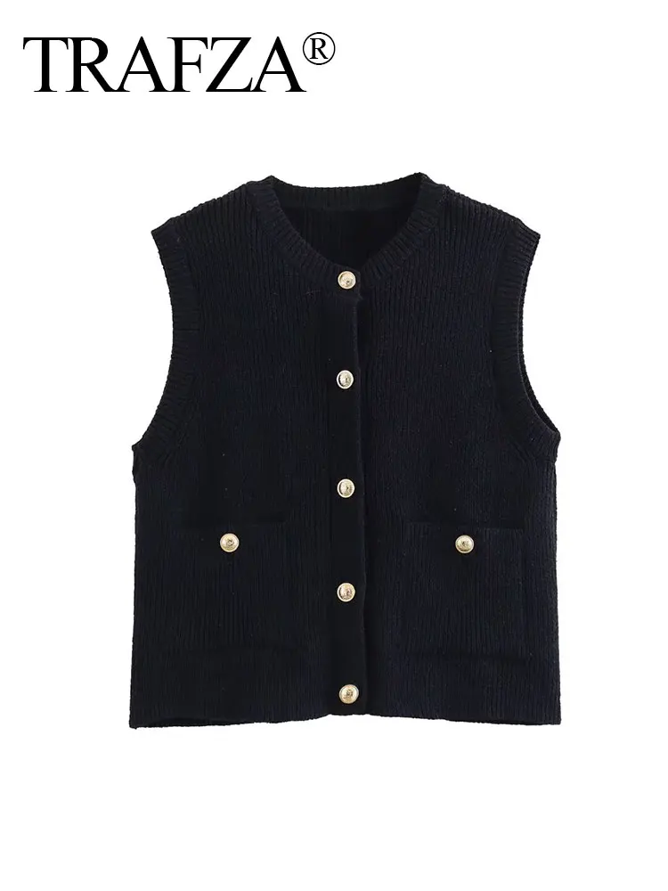 TRAFZA 2024 Autumn Elegant Knitted Vest Round Neck Sleeveless Solid Color Single Breasted Pocket Decoration Fashion Causal Tops