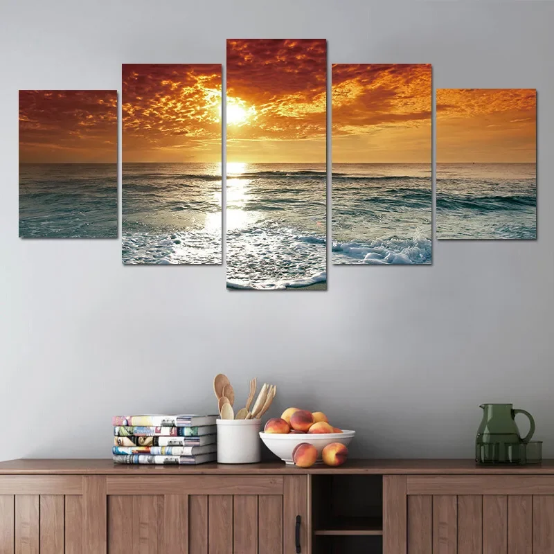 5 Pieces Sunset Red Sun Sea Decoration Posters Canvas Painting Wall Art For Living Room Bedroom Home Decor Cuadros Unframed