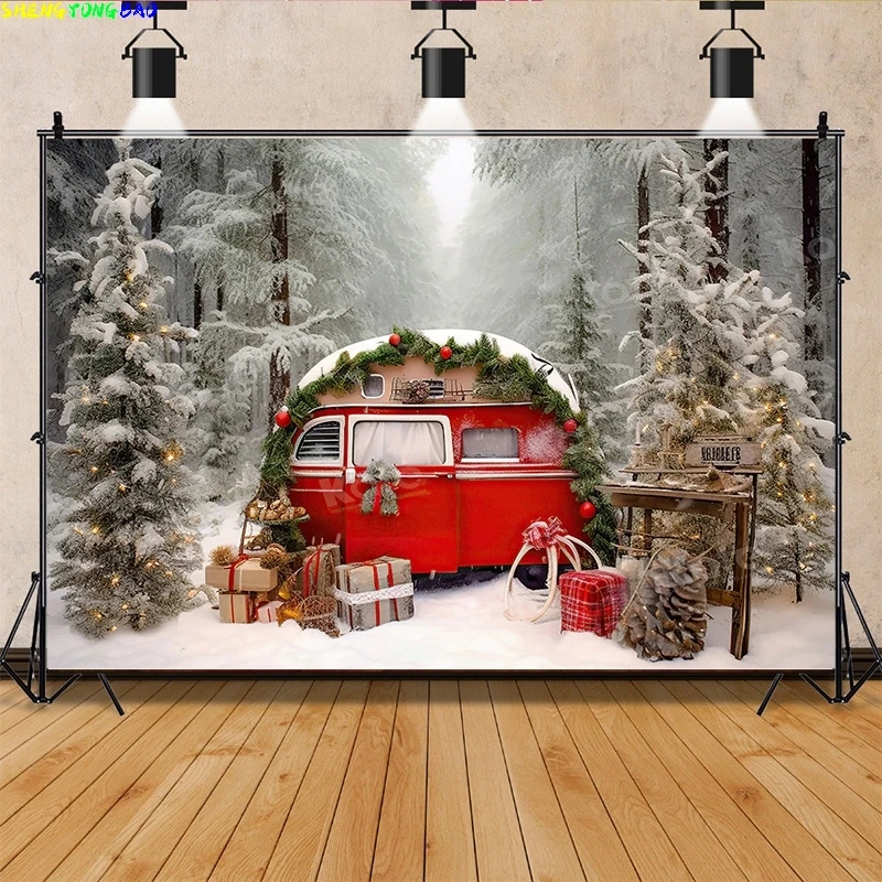 

Vinyl Custom Christmas Tree Outdoor Camping Photography Backdrop Wooden Doors Snowman Cinema New Year Background Prop WW-01