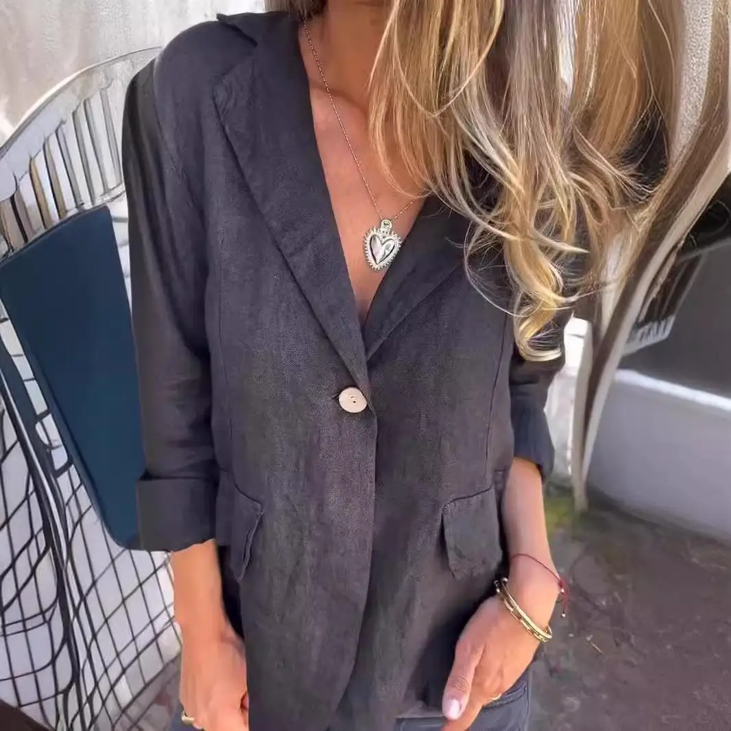 

Early Sle plus Size Cotton Linen Suit Collar Women's Busin Casual Loose Fit Long Sve Mid-Length Pure Color Jaet