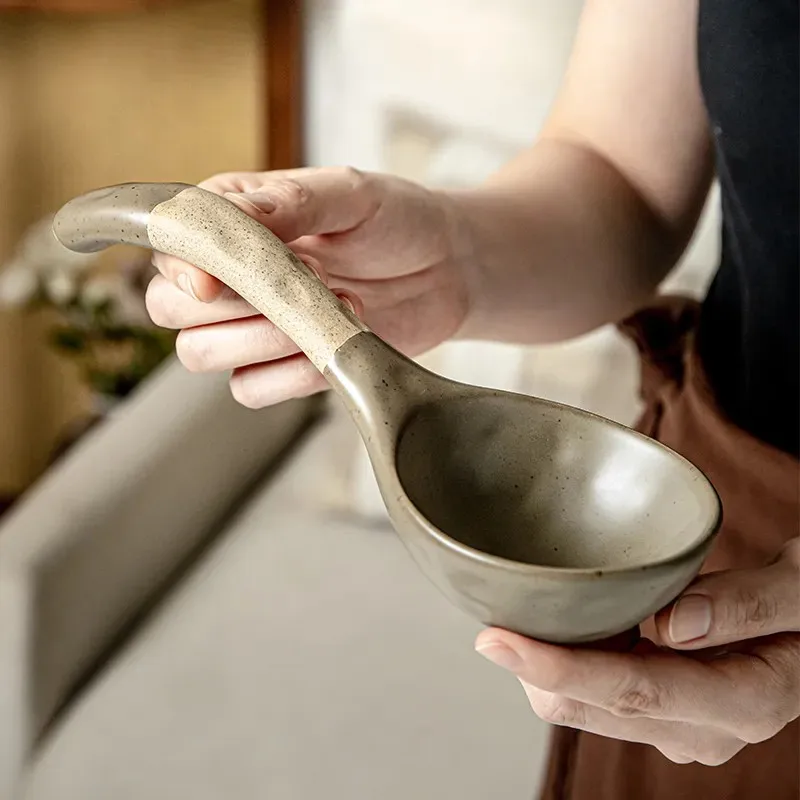 

Толстая керамика, винтажная большая ложка для супа, толстая ложка с длинной ручкой, двойная глазурованная матовая ложка для риса в японском стиле ZI175