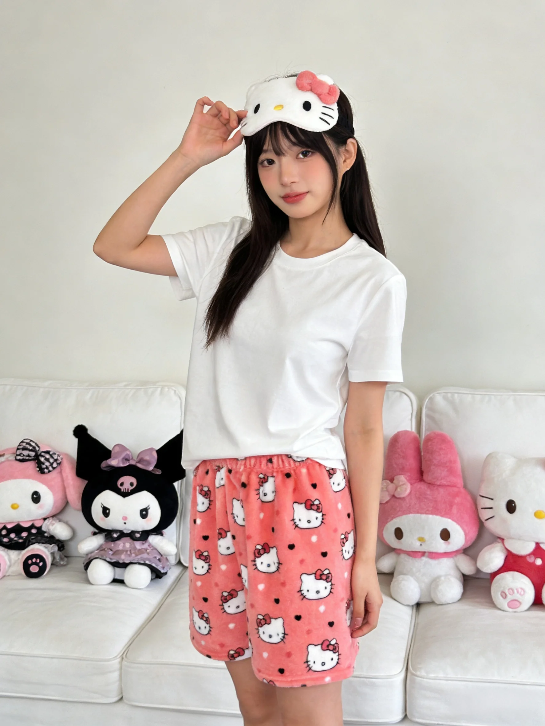 Hello Kitty Flannel Sleep Pants, Peach Shorts for Strolling, Couple Pants, Y2K Festival Gifts, Vacation Outfits, Party Outfits