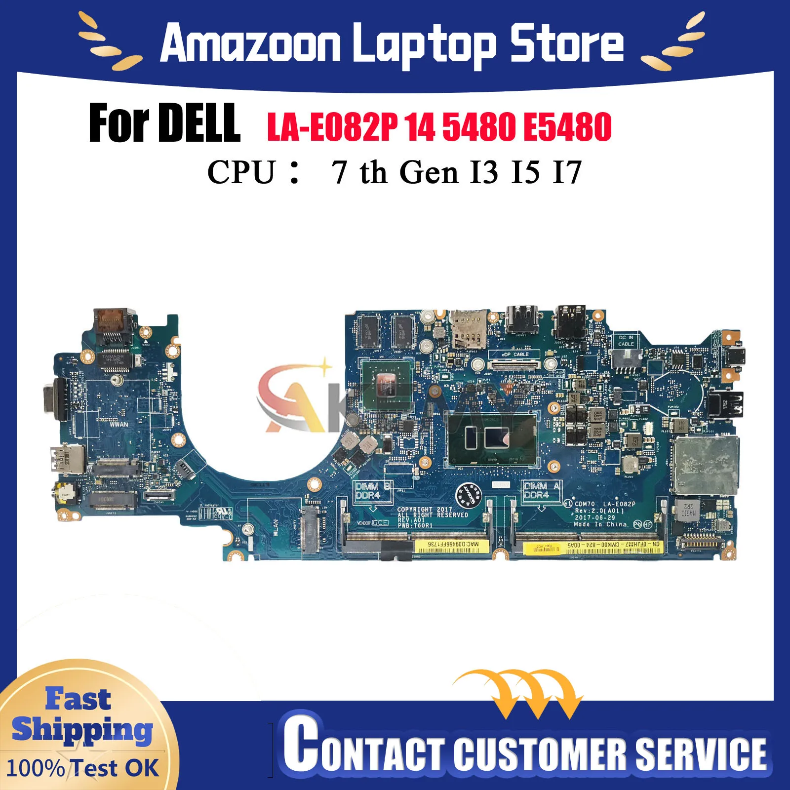 

Материнская плата ноутбука LA-E082P для DELL Latitude 5480 E5480, поддерживает процессор i5 i7 6-го/7-го поколения V2G CN-0YYRGW, 100% протестировано, ОК