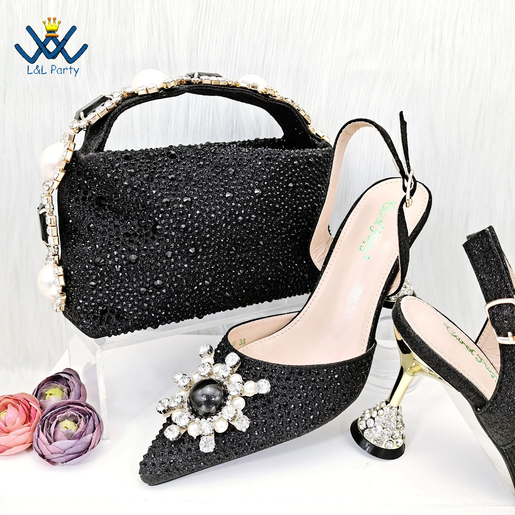 Slingbacks Ppinted Toe with Full Shinning Crystal INS Hot Sale Nigerian Women Shoes and Bag Set for 2023 in Black Color