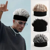 Men&apos Hip-Hop Faux Hair Beanie Hat - Black Knit-Style Skull Cap with -Like Synthetic Hair, Wig-like Accessory for Casual Wear