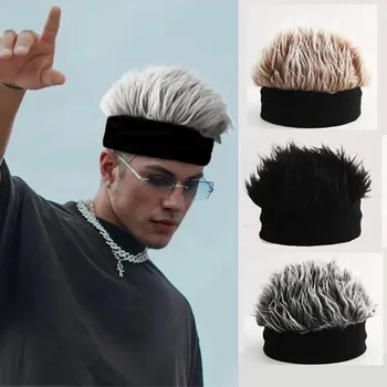 Men&apos Hip-Hop Faux Hair Beanie Hat - Black Knit-Style Skull Cap with -Like Synthetic Hair, Wig-like Accessory for Casual Wear
