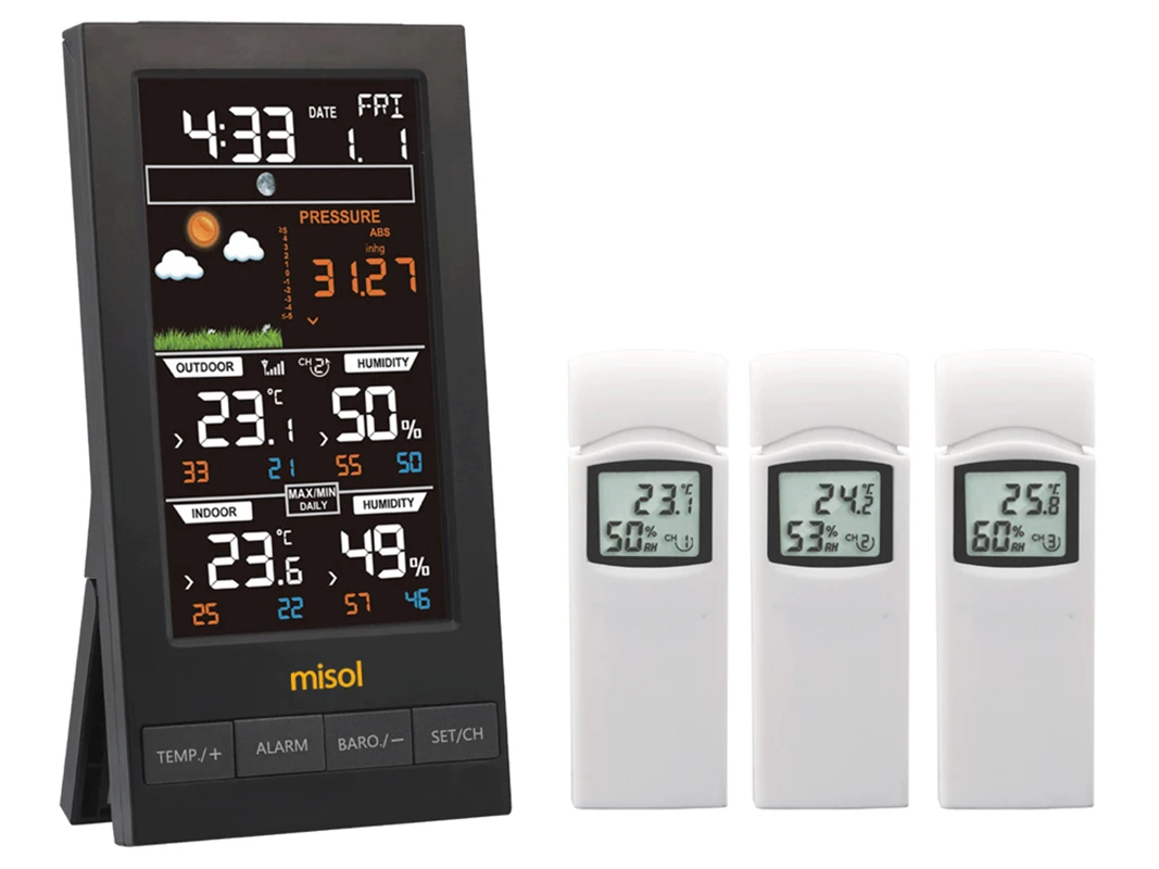 1pcs misol Wireless weather station with 3 sensors, 3 channels, color screen