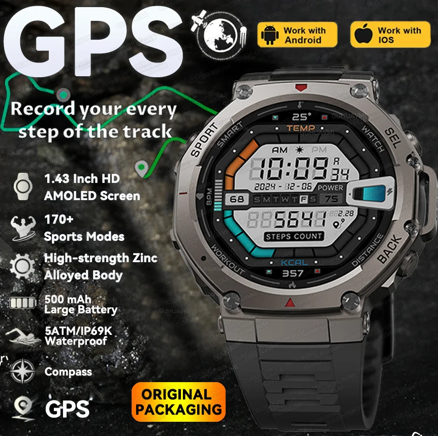 2025 NEW Built-in Dual-band GPS Smart Watch Men Smartwatch Compass Altimeter Barometric 5ATM IP69K Waterproof AMOLED HD Watches