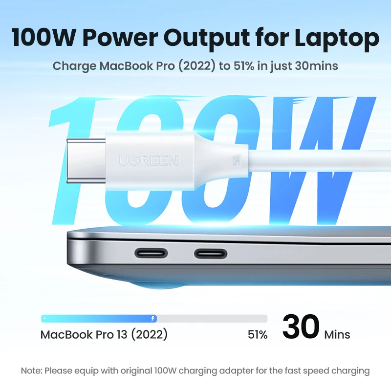 UGREEN-맥북 프로용 USB C 케이블, 100W, 삼성 갤럭시 A52s 용, 고속 충전 케이블, 5A 내장 E-마커 칩, USB c형 케이블