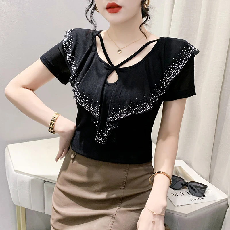 

Black Summer Korean Style T-Shirt Chic Sexy Ruffles Shiny Diamonds V-Neck Hot Drilling Tops Short Sleeves Elastic Tees New 43183