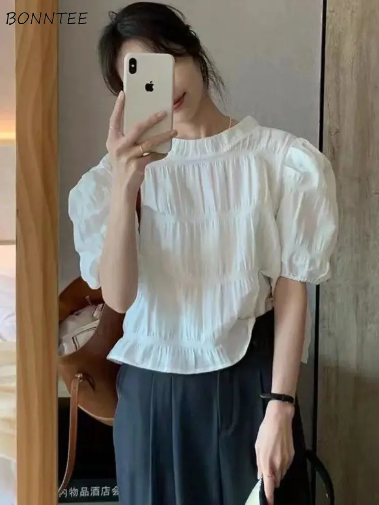 T-shirts Women Sweet Fashion Puff Sleeve Design Summer Preppy Leisure Students Solid All-match Vintage Loose French Style Tops