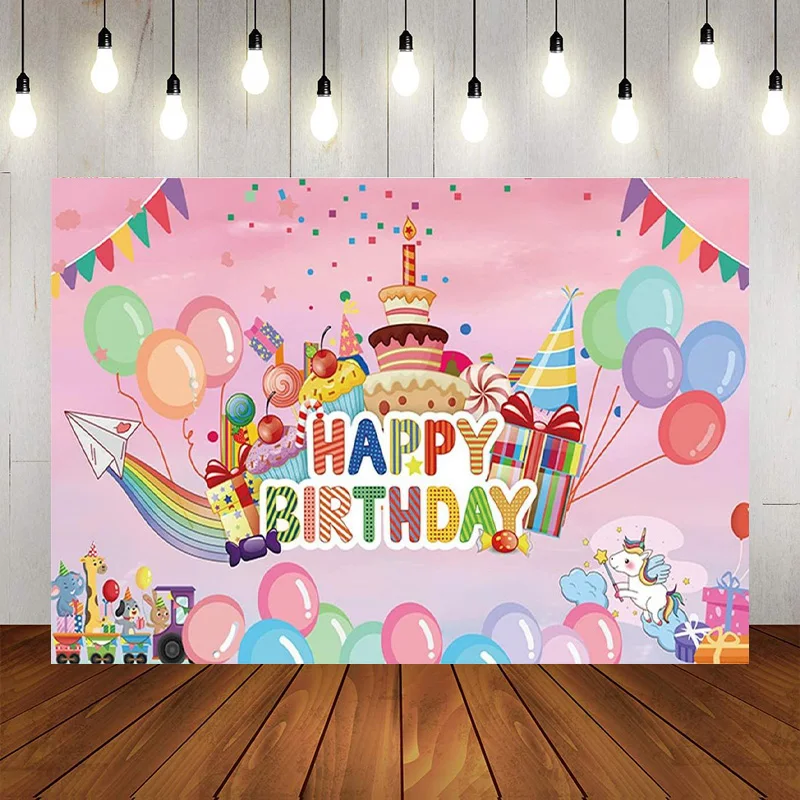 Happy Birthday Balloon Candle Backdrop Banner Party Photography Background Decorations Kids Birthday Cake Decor Banner