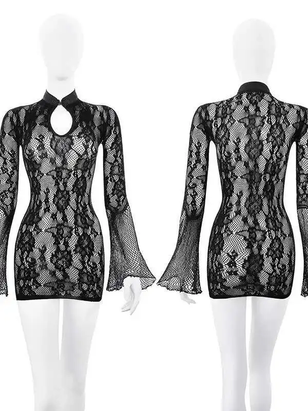 Sexy New Chinese Style Sheer Jacquard Net Cheongsam Sexy Pure Desire Bare Buttocks Dress Elegant Mesh Long Sleeve Dress 34WO