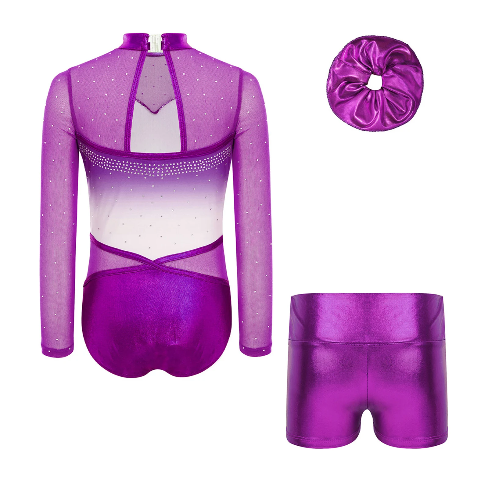 

Kids Ballet Dance Outfit Acrobatics Costume Shiny Girls Rhinestones Gymnastics Bodysuits with Shorts Figure Skating Leotard