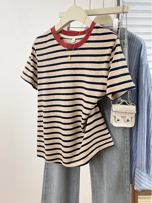 Sommer 2025, neu, Übergröße, gerader Schnitt, schlankmachendes Damen-T-Shirt, gestreift, ort Sve Hong Kong Sle Classic Faion Damen...