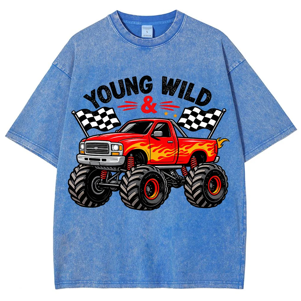 Men Unisex Young Wild Monster Truck Graphic Print Vintage Washed Short Sleeve T Shirt Casual Streetwear Summer Top