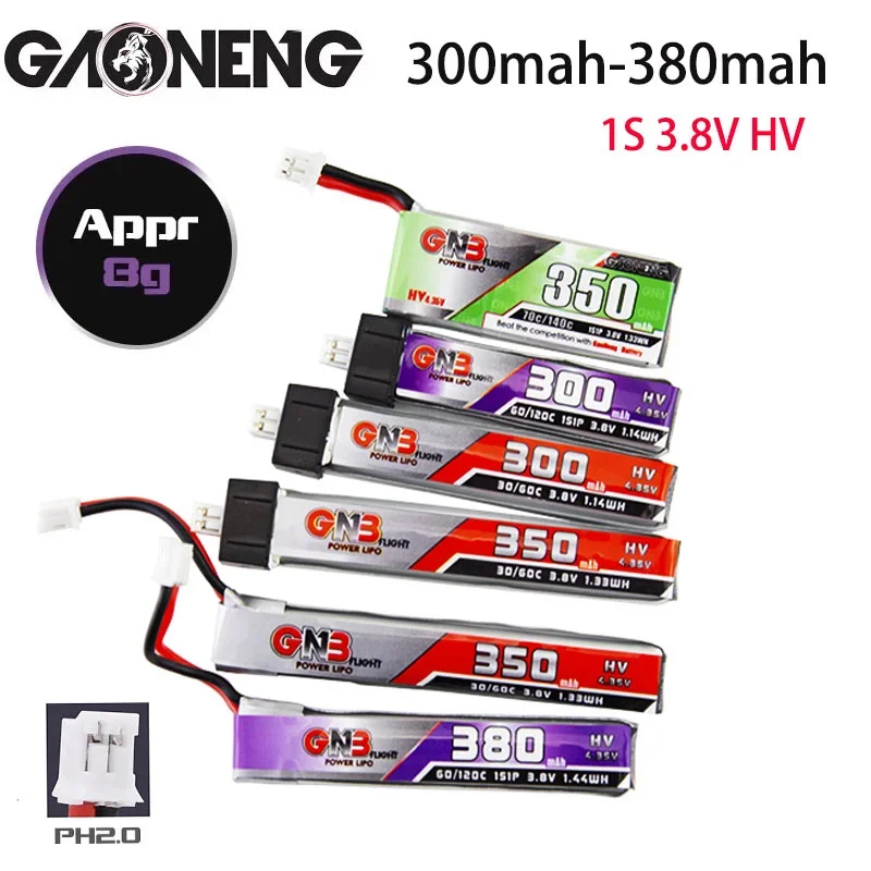 

GAONENG 1S HV Battery 3.8V 300mAh 350mAh 380mah 30C-70C PH2.0 for BetaFPV 65S UK65 Blade UR65 Tiny Whoop Drone