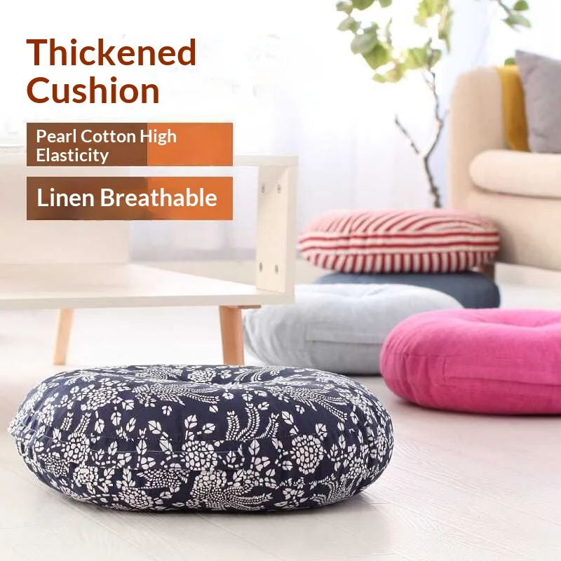 Large Linen Zafu Meditation Cushion for Bay Window Yoga Floor, Thick Round Puah Pad for Balcony Tatami Kneeling Mat for Adults