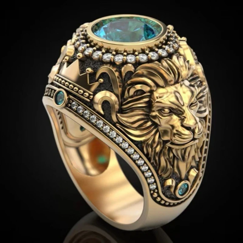 New fashionable retro European and American lake blue zircon inlaid crown lion shape men's personalized ring