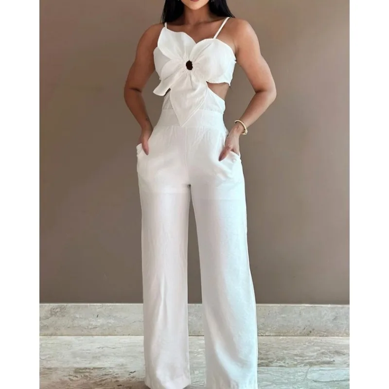 2024 Spring Summer Floral Pattern Pocket Design Hollow Out Jumpsuit Women Fashion Sleeveless Hollow Out Pants Jumpsuits