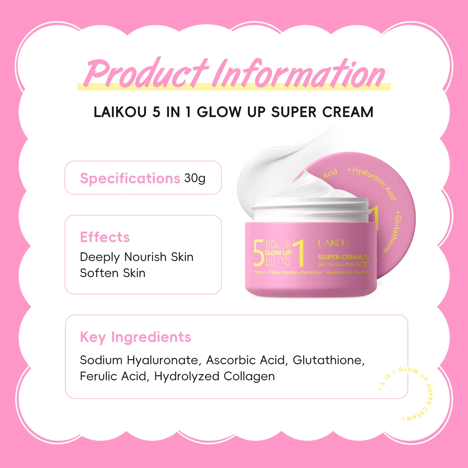

LAIKOU Glutathione Vitamin C Face Cream 30g, Hydrating Collagen Moisturizer for Dry Skin, Brightening Anti Aging Skin Care