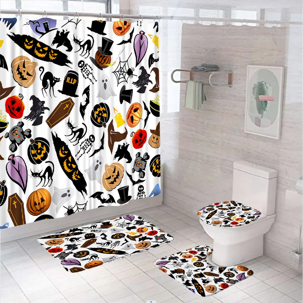 Halloween Shower Curtain Set Cartoon Pumpkin Ghost Bat Full Moon Spider Bathroom Curtains Non-Slip Rug Toilet Lid Cover Bath Mat