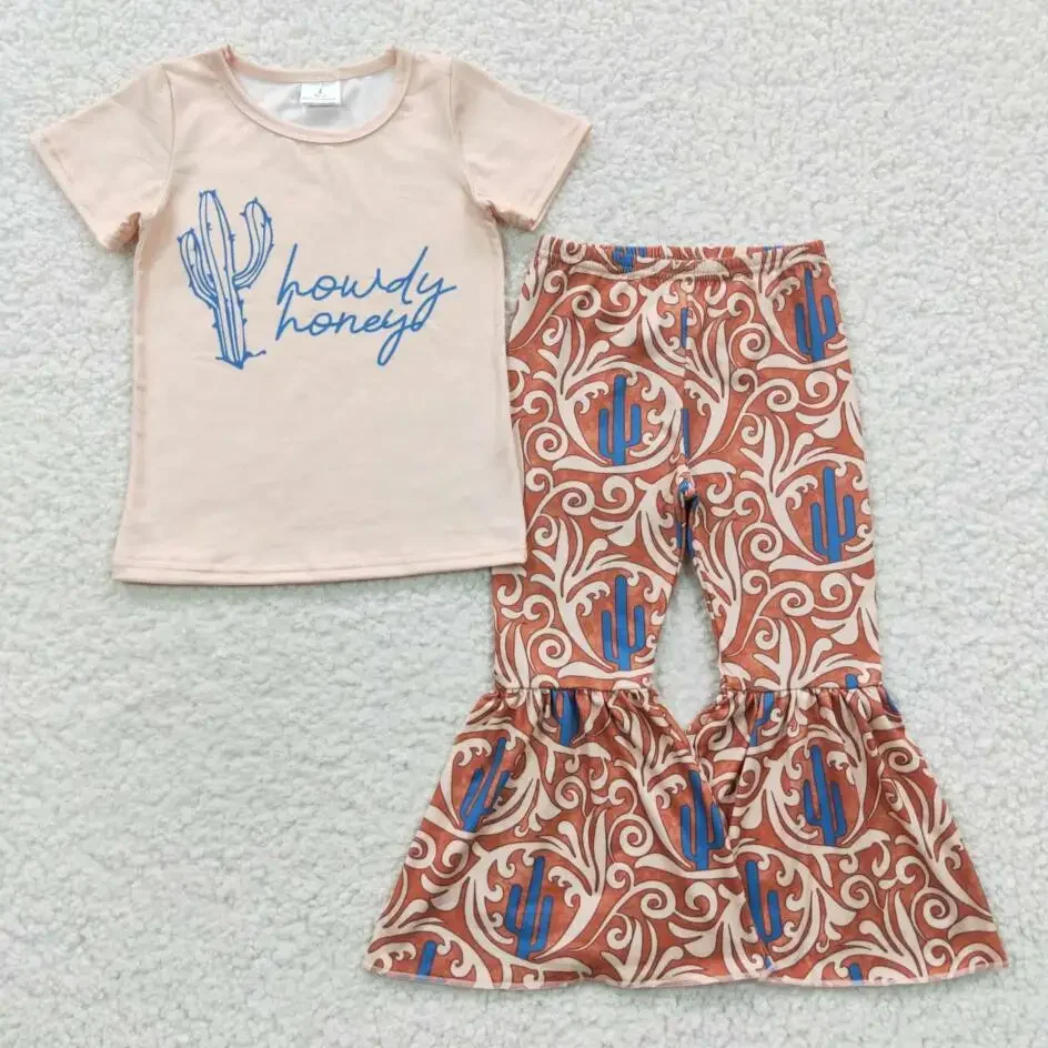 country western style baby girls clothing sets Blue howdy cactus beige short sleeved printed brown bell bottom pants sets