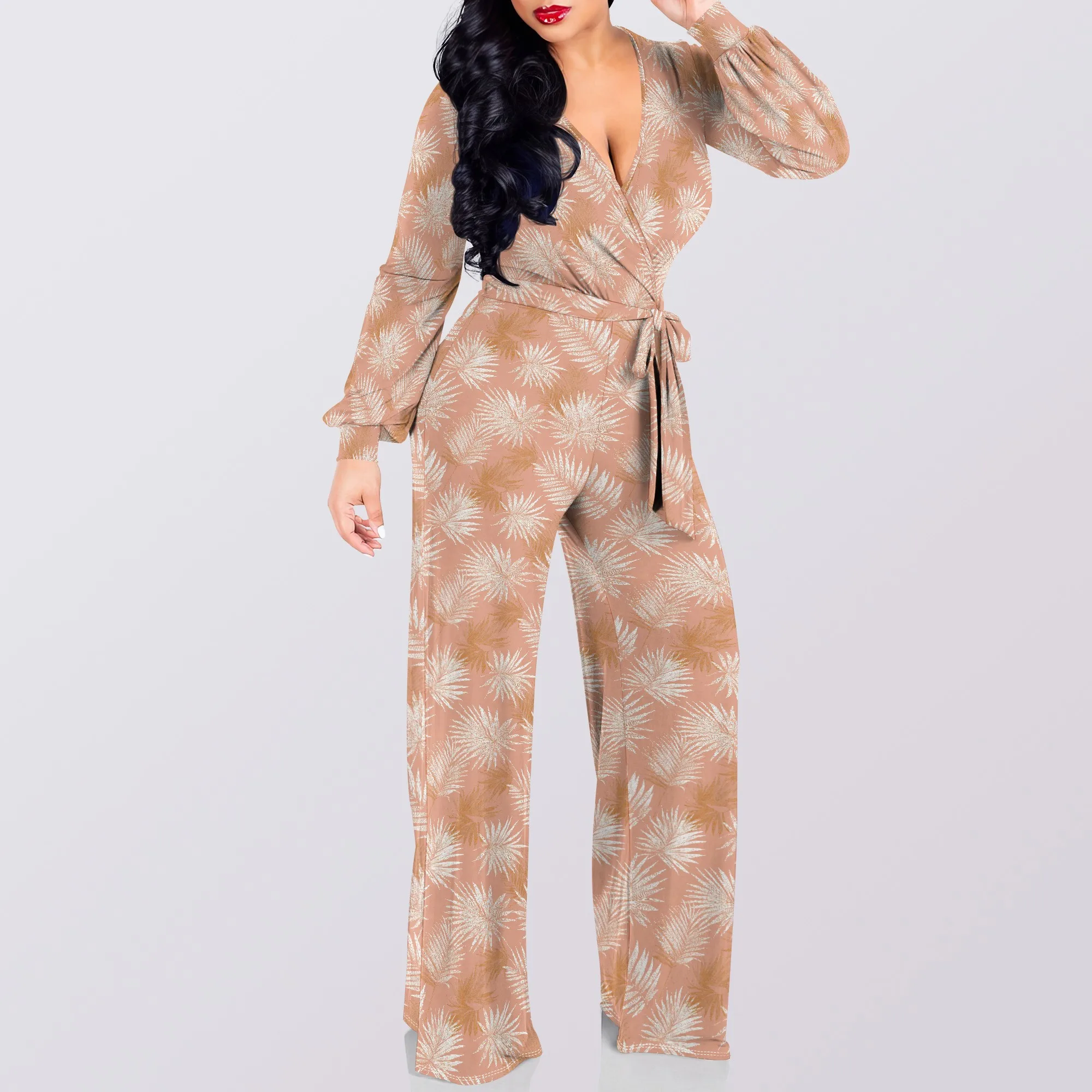 

Women's glittering jumpsuit, sexy long-sleeved top, elegant collared design, shiny straight-leg pants, jumpsuit