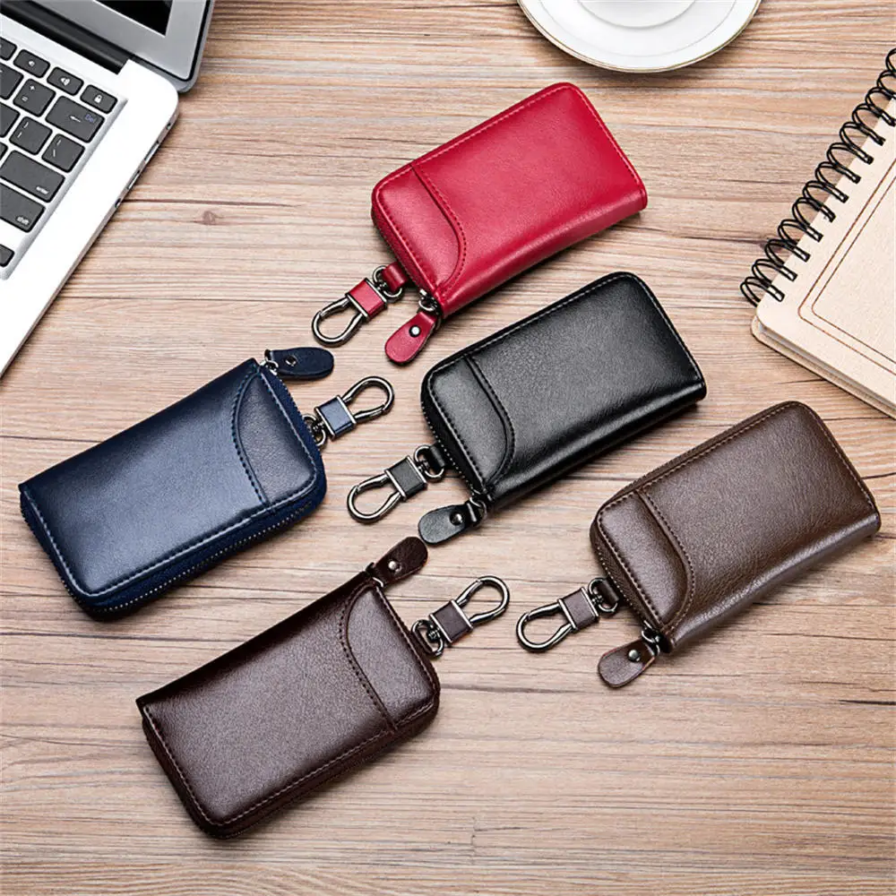 Leather Keychain Key Holder Organizer Pouch Keychain Split Car Key Wallet Housekeeper Key Case Mini Purse Card Bag Small